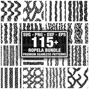 May include: A collection of black and white rope patterns. The image includes various rope designs, including braided, twisted, and woven styles. A central sign reads "SVG - PNG - DXF - EPS 115+ ROPELA BUNDLE PREMIUM SEAMLESS PATTERNS."