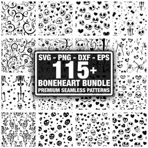 May include: A collection of black and white seamless patterns featuring skulls, hearts, and skeletons. The patterns are displayed in a grid, with a central graphic that reads "SVG - PNG - DXF - EPS 115+ BONEHEART BUNDLE PREMIUM SEAMLESS PATTERNS".