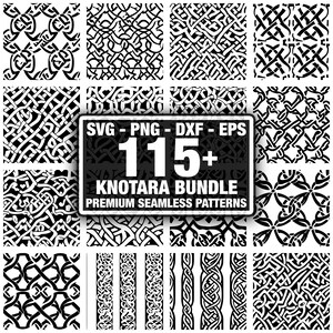 Puede incluir: Una colección de patrones sin costuras en blanco y negro con diseños de nudos celtas. La imagen incluye un letrero que dice "SVG - PNG - DXF - EPS" y "115+ KNOTARA BUNDLE PREMIUM SEAMLESS PATTERNS".