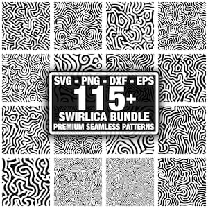 May include: A collection of black and white seamless patterns with a swirling, organic design. The image includes a sign that reads "SVG - PNG - DXF - EPS 115+ SWIRLICA BUNDLE PREMIUM SEAMLESS PATTERNS". The patterns are suitable for various design projects.