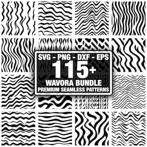 Könnte beinhalten: Eine Sammlung nahtloser Schwarz-Weiß-Muster mit verschiedenen wellenförmigen und gestreiften Designs. Das Bild enthält eine zentrale Grafik mit der Aufschrift "SVG - PNG - DXF - EPS 115+ WAVORA BUNDLE PREMIUM SEAMLESS PATTERNS".