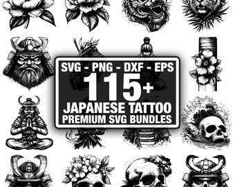 Más de 115 diseños de tatuajes japoneses tradicionales de irezumi. Descarga instantánea en formato PNG, DXF, EPS y SVG.