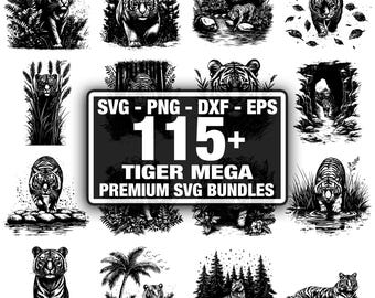 110+ tigermotivpaket, vild tiger i djungeln, direktnedladdning png, dxf, eps, svg