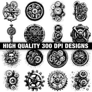 May include: A collection of black and white steampunk-style illustrations featuring gears, cogs, and mechanical components. The designs include clock faces, wheels, and other industrial elements. The text "HIGH QUALITY 300 DPI DESIGNS" is displayed.