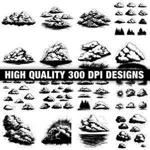 Puede incluir: Una colección de ilustraciones de nubes en blanco y negro de varias formas y tamaños. Algunas nubes se representan con hierba o reflejos de agua. El texto "HIGH QUALITY 300 DPI DESIGNS" se muestra.