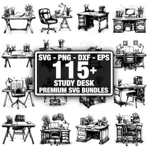 Op de afbeelding: Zwart-wit lijntekeningen van diverse studiebureaus, stoelen en accessoires. De afbeelding bevat een bord met de tekst "SVG - PNG - DXF - EPS 115+ STUDY DESK PREMIUM SVG BUNDLES."