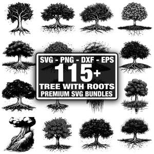 May include: A collection of black and white tree illustrations with exposed roots. The image includes a sign that reads "SVG - PNG - DXF - EPS 115+ TREE WITH ROOTS PREMIUM SVG BUNDLES". The trees vary in style and foliage.