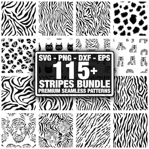 Puede incluir: Una colección de patrones sin costuras en blanco y negro con estampados de animales como rayas de cebra, manchas de leopardo y caras de tigre. La imagen incluye un gráfico con el texto "115+ Stripes Bundle" y opciones de tipo de archivo.