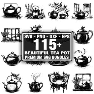 Hermoso paquete de archivos SVG de tetera, descarga digital instantánea png, dxf, eps, svg