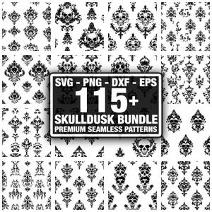 May include: A collection of black and white seamless patterns featuring skull and damask designs. The image includes a sign that reads "SVG - PNG - DXF - EPS" and "115+ SKULLDUSK BUNDLE PREMIUM SEAMLESS PATTERNS".