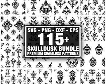 Patrones de damasco de calaveras mortales de Skulldusk. Paquete de diseños sin costuras. Descarga instantánea en formato PNG, DXF, EPS y SVG.