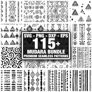 Op de afbeelding: Een verzameling zwart-witte naadloze patronen met geometrische en tribale ontwerpen. De afbeelding bevat een bord met de tekst "SVG - PNG - DXF - EPS 115+ MUDARA BUNDLE PREMIUM SEAMLESS PATTERNS".