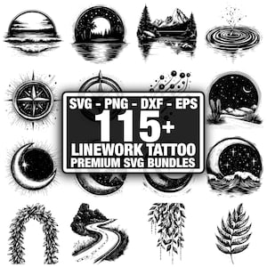 Può includere: Una collezione di oltre 115 disegni di tatuaggi a tratto in formati SVG, PNG, DXF ed EPS. I disegni includono scene naturali, corpi celesti, bussole ed elementi botanici, tutti in bianco e nero.