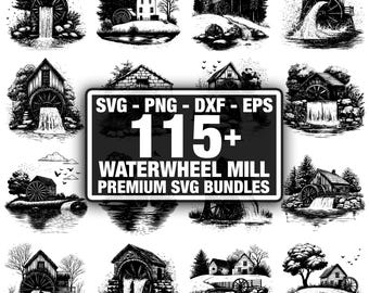Paquete de más de 110 molinos de agua, escena de un antiguo molino de agua, descarga instantánea en formato PNG, DXF, EPS y SVG