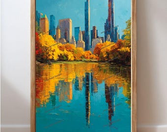 New York Central Park Wall Art Printable, NYC Park Cityscape View, Vibrant Impressionist Oil Painting, Modern Urban Artwork,Digital Download