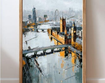 London UK Skyline Wall Art Printable, Iconic London Cityscape, Impressionist Oil Painting, Digital Download