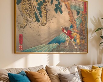 Japanese Tiger Wall Art, Ukiyo-e Tiger Print, Japanese Folklore Artwork, Traditional Japanese Decor, Vintage Woodblock Art