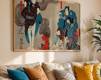 Impression sur toile représentant un samouraï japonais | Grande œuvre d'art panoramique pour le salon | Estampes Ukiyo-e vintage de paysages | Art mural moderne asiatique encadré
