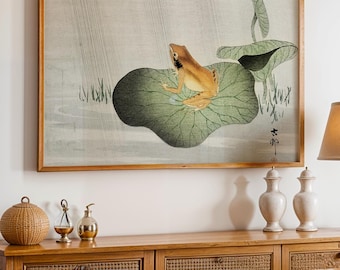 Japanese Nature Wall Art, Frog and Lotus Print, Zen Wall Decor, Japandi Art, Botanical Nature Print