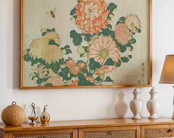 Décoration murale botanique japonaise, tableau encadré, décoration au-dessus du lit, art mural horizontal, art floral