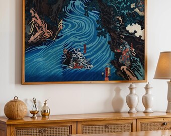 Toile imprimée représentant une cascade japonaise | Grande œuvre d'art panoramique pour le salon | Estampes vintage Ukiyo-e de paysages fluviaux