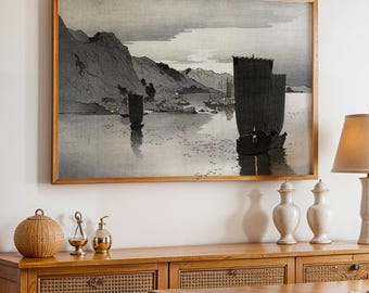 Vintage Coastal Harbor Wall Art, Nautical Boat Canvas Print, Japanese Wall Art, Neutral Beach House Decor, Black White Landscape Art