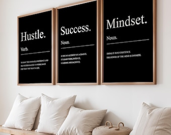 Motivational Wall Art Set of 3, Hustle Success Mindset Office Decor, Inspirational Quotes, Canvas Wall Art