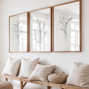 Botanical Line Art Set of 3 Minimalist Black and White Floral Prints Modern One Line Drawing Wall Art Eucalyptus Poster Set Zen Home Decor