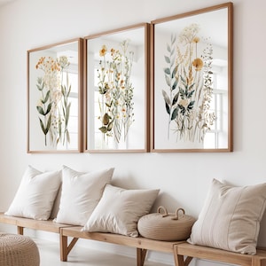 Wildflower Wall Art Set of 3, Meadow Flower Watercolor Prints, Warm Boho Floral Decor, Farmhouse Gallery Wall Wildflower Cottagecore Art