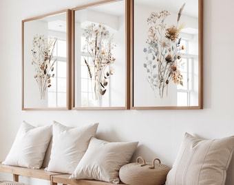 Wildflower Wall Art Set of 3, Neutral Dried Flower Prints, Rustic Farmhouse Floral Decor, Minimalist Botanical Gallery Wall, Wildflower