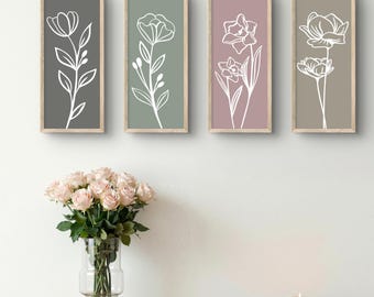 Ensemble de 4 affiches florales blanches minimalistes, décoration murale botanique pour chambre d'enfant, impression botanique, décoration murale pour chambre à coucher.