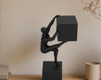Balancing Figure Sculpture, 3D Printed Abstract Man Holding Cube Statue, Modern Geometric Decor, Minimalist Shelf Art, Unique Home Gift
