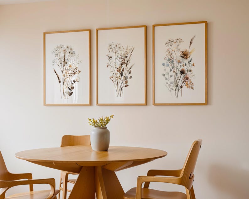 Wildflower Wall Art Set of 3, Neutral Dried Flower Prints, Rustic ...