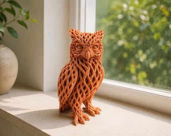 Lattice Owl Sculpture, 3D Printed Owl Decor, Woodland Owl Statue, Geometric Nature Art, Rustic Shelf Decor, Owl Lover Gift