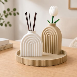Arch Vase Set with Tray, 3D Printed Boho Home Decor, Reed Diffuser Holder, Modern Flower Vase, Neutral Table Centerpiece Set