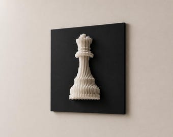 Chess Queen Wall Art, 3D Printed Layered Chess Piece Sculpture, Black and White Game Room Decor, Chess Player Gift