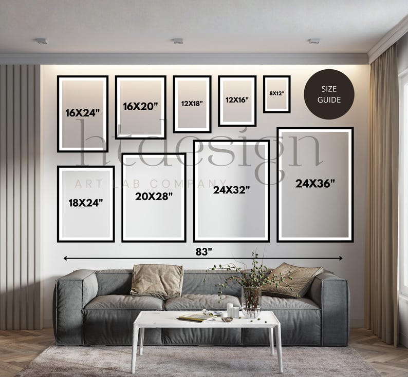 May include: A wall art display featuring framed prints of various sizes, including 16x24 inches, 16x20 inches, and 24x36 inches. The arrangement is above a gray sofa, with a white coffee table and decorative plants.