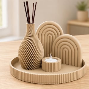 Boho Home Decor Set of 5, 3D Printed Decorative Tray, Reed Diffuser Vase, Arch Sculptures, Tealight Holder, Neutral Shelf Decor
