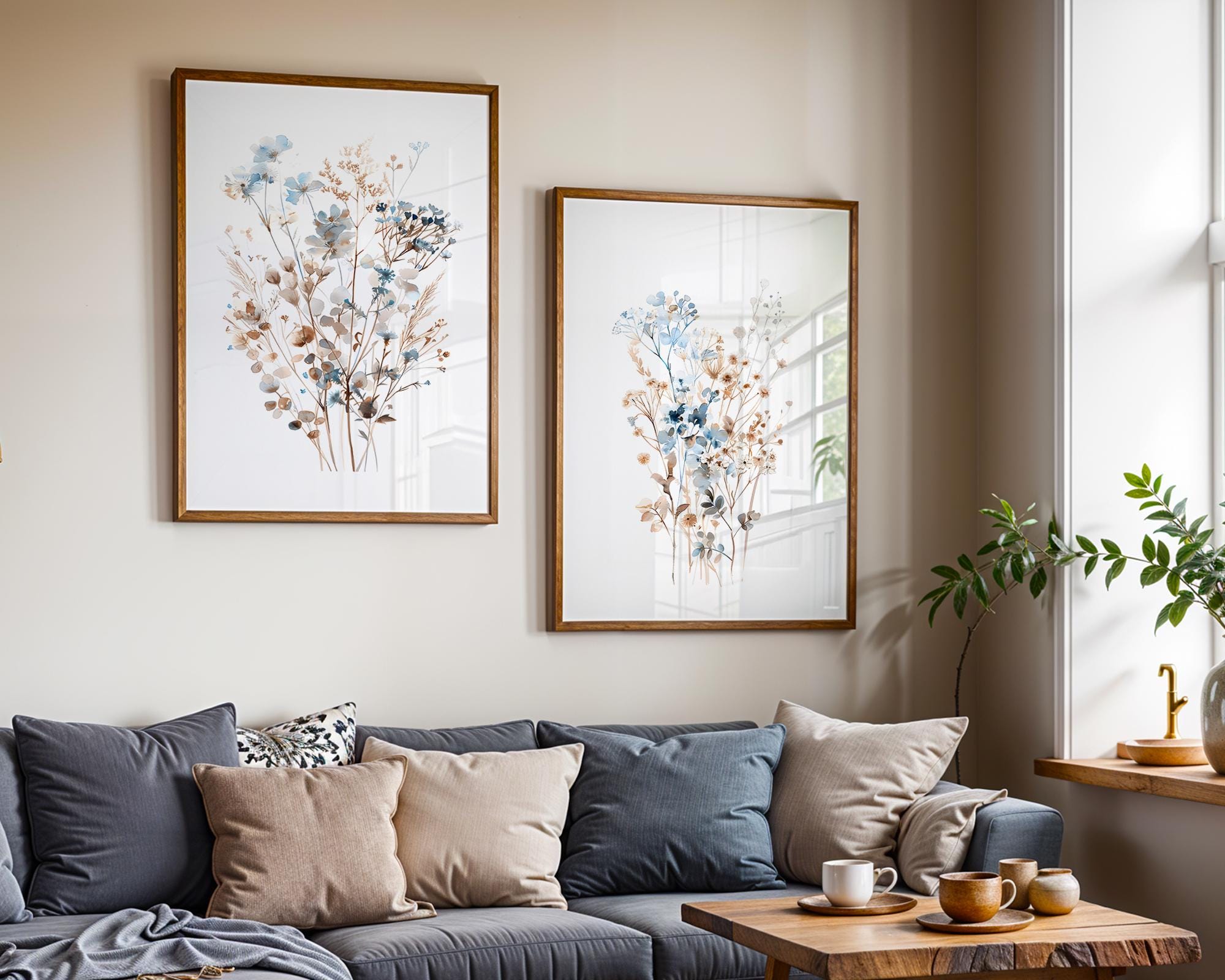 Watercolor Wildflower Wall Art Set of 2 Blue and Brown Botanical Prints ...