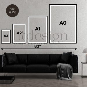 May include: A wall display featuring framed art prints in A0, A1, A2, and A3 sizes, with a total width of 83 inches. The prints are displayed above a black leather sofa. A size guide is in the upper left corner.