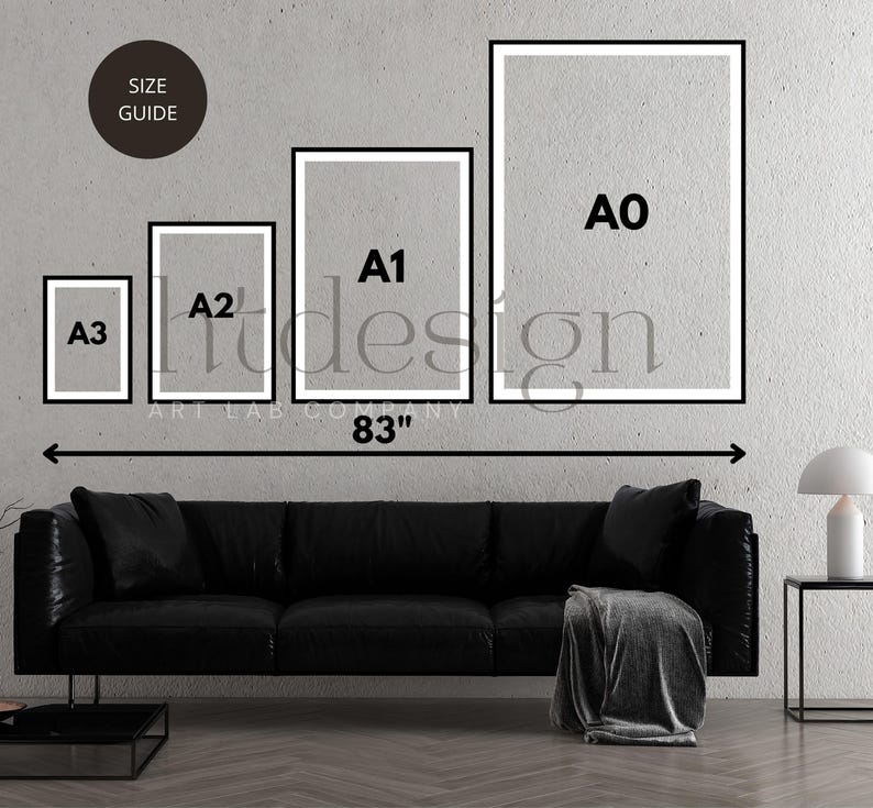 May include: A wall display featuring framed art prints in A0, A1, A2, and A3 sizes, with a total width of 83 inches. The prints are displayed above a black leather sofa. A size guide is in the upper left corner.
