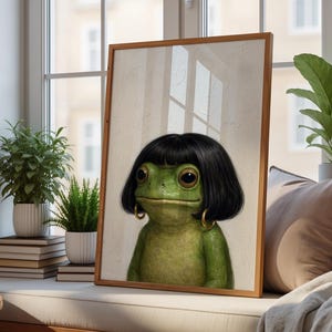 Funny Frog Girl Poster, Vintage Oil Painting Style Frog Art Print, Whimsical Frog Wall Art, Quirky Animal Decor Gift image 7