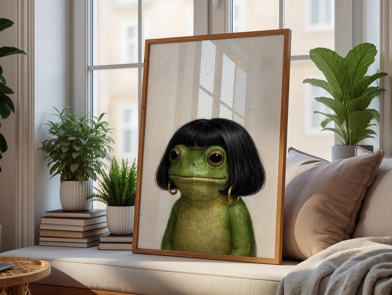 Funny Frog Girl Poster, Vintage Oil Painting Style Frog Art Print, Whimsical Frog Wall Art, Quirky Animal Decor Gift image 7
