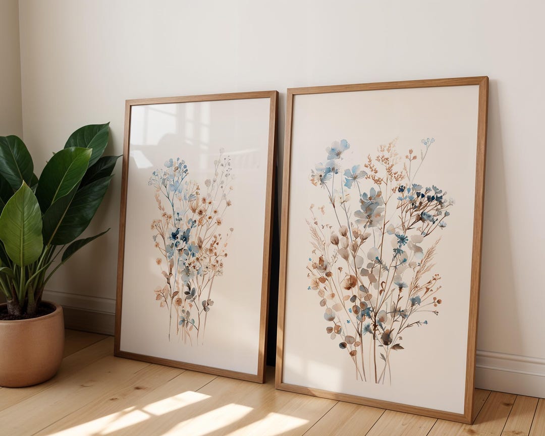 Watercolor Wildflower Wall Art Set of 2 Blue and Brown Botanical Prints ...
