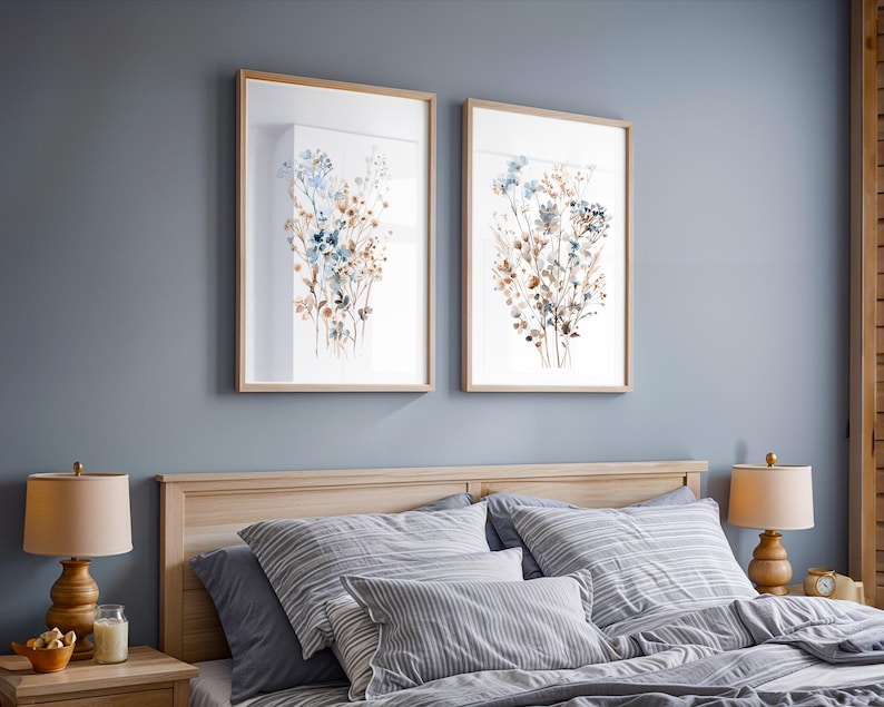 Watercolor Wildflower Wall Art Set of 2 Blue and Brown Botanical Prints ...