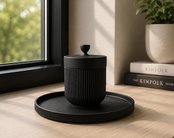 Lidded Storage Jar with Tray, 3D Printed Ribbed Container, Modern Catchall Set, Minimalist Entryway Decor, Shelf Organizer