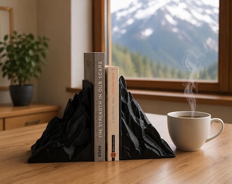 Mountain Bookends, 3D Printed Black Bookend Set, Nature Inspired Shelf Decor, Modern Office Book Holder, Gift for Book Lovers, Office Decor