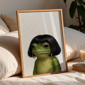 Funny Frog Girl Poster, Vintage Oil Painting Style Frog Art Print, Whimsical Frog Wall Art, Quirky Animal Decor Gift image 2