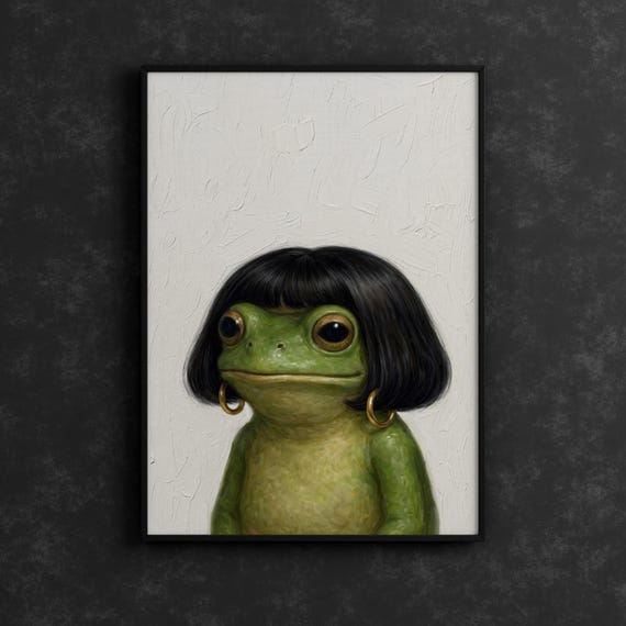 Funny Frog Girl Poster, Vintage Oil Painting Style Frog Art Print, Whimsical Frog Wall Art, Quirky Animal Decor Gift