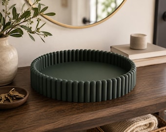 Round Decorative Tray, 3D Printed Ribbed Catchall Tray, Modern Entryway Organizer, Vanity Tray, Dark Green Minimalist Home Decor